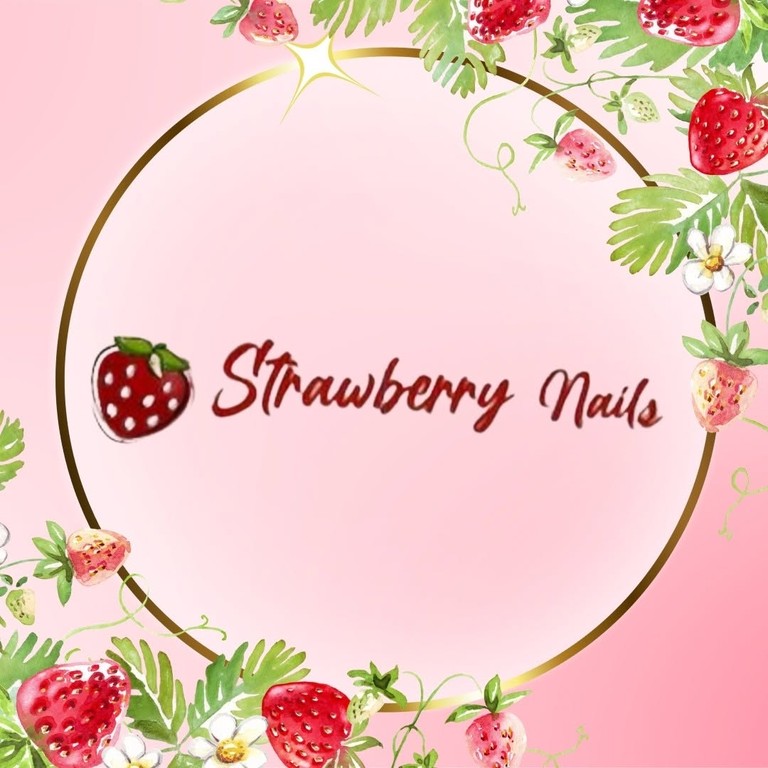 Strawberry Nails logo — script wordmark inside a gold ring wreathed in watercolour strawberries